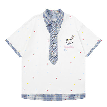 チェック柄レイヤード風KT刺繍Tシャツ