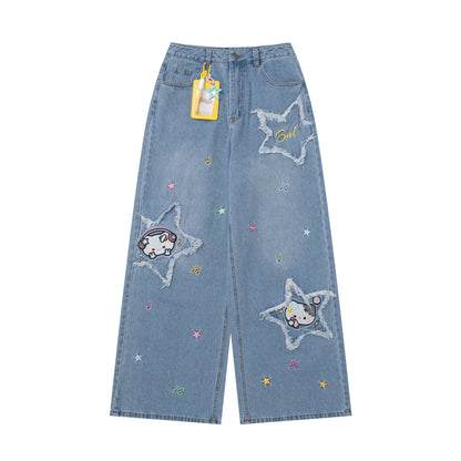 ねこちゃん星刺繍フリンジデニムパンツ