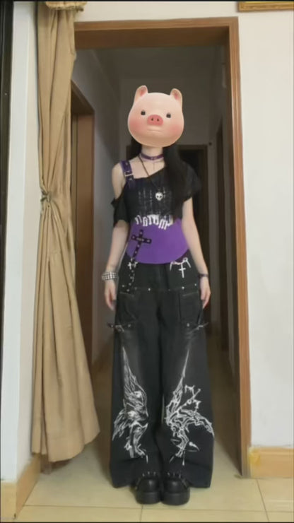 スタッズ付きワイドデニムパンツ