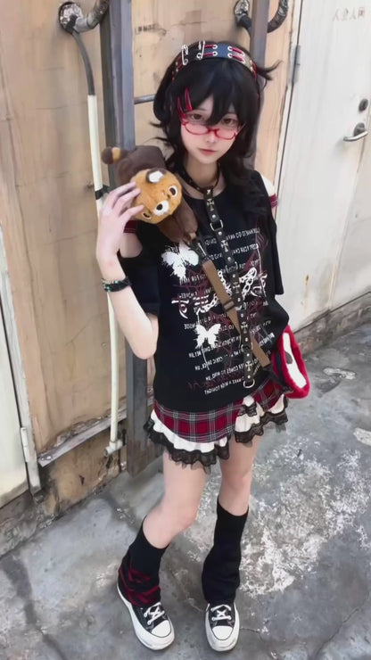パンク風チェック柄オープンショルダーゆったりTシャツ