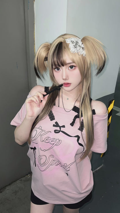 オフショルレースリボンTシャツ