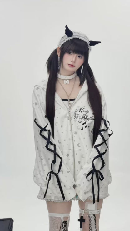 星柄プリントリボンスリーブフード付きトップス