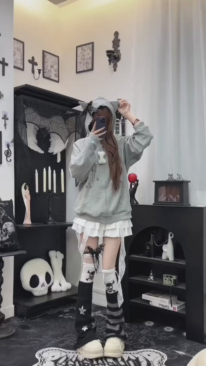 おうち系かわいい猫耳リボンゆるパーカー ジップアップ