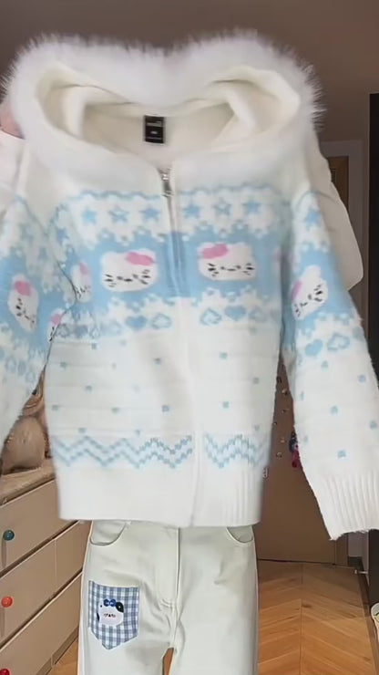 フェアアイル 猫モチーフ ニットフーディー