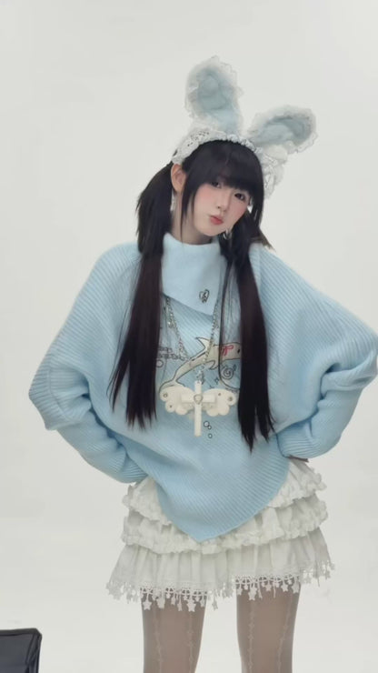 イルカ柄ハイネックポンチョニット