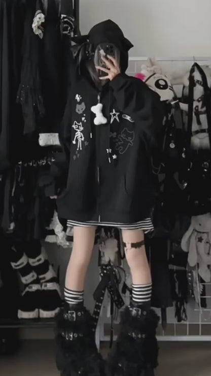 おうち系かわいい猫耳リボンゆるパーカー 秋のジップアップ