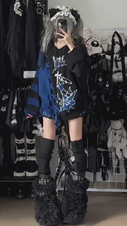 ゆるギャル系 Vネック配色リボンニット♡秋冬甘辛ミックス