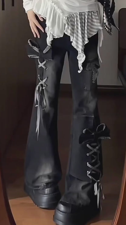 立体リボンハイウエストフレアデニムパンツ