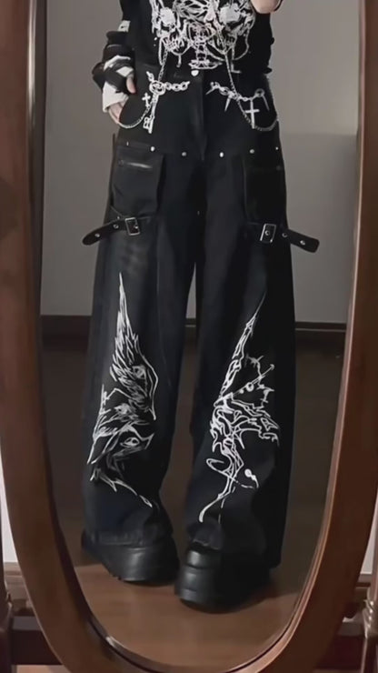 スタッズ付きワイドデニムパンツ
