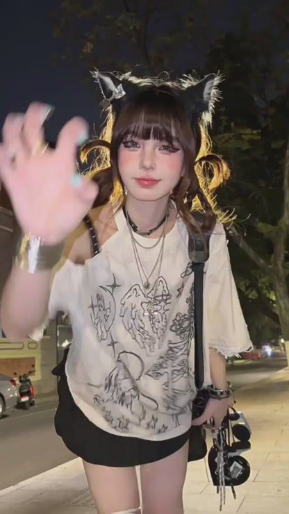 ラッキーエンジェル片肩レースTシャツ