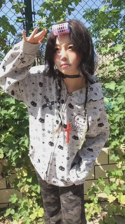 うさ耳ねこ刺繍 ゆるシルエットパーカー