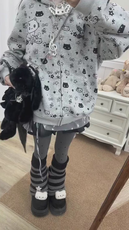 うさ耳ねこ刺繍 ゆるシルエットパーカー