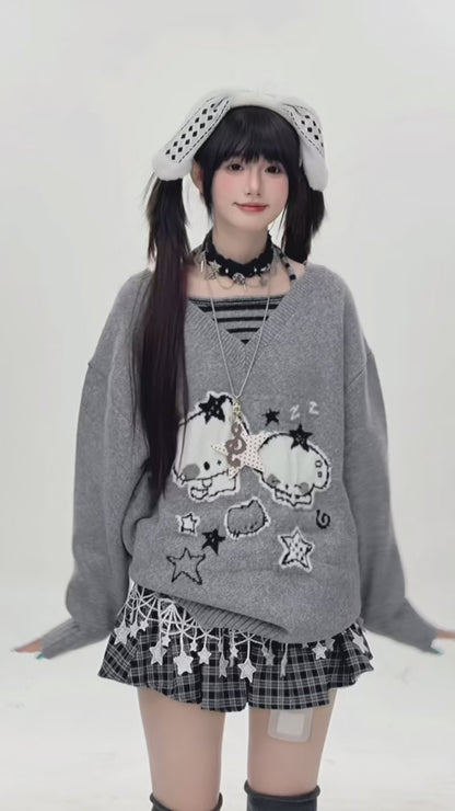 ネコモチーフフェイクレイヤードニット