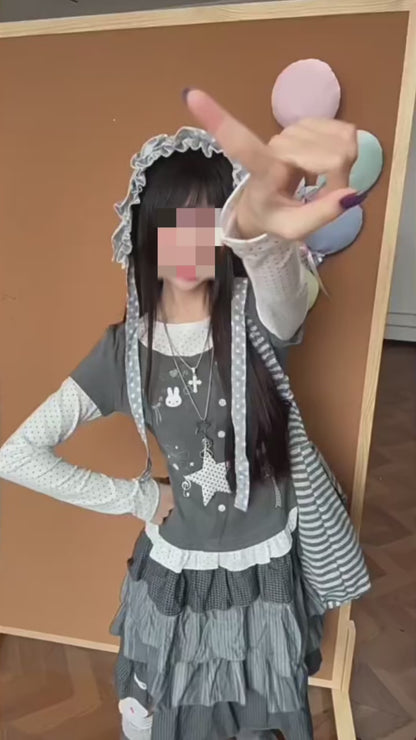 ドット柄レイヤード風フィットロンT
