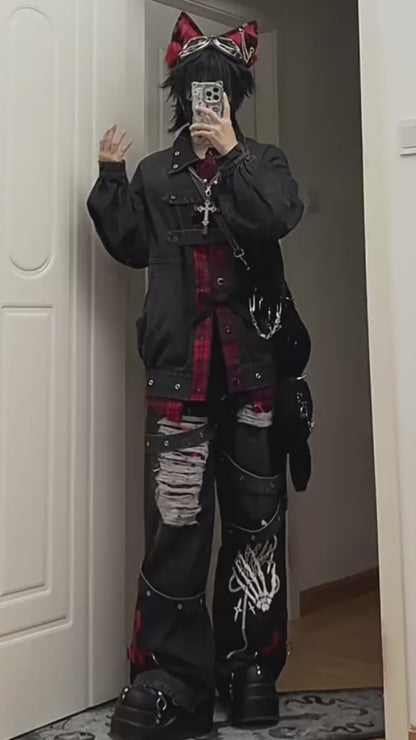 リボン付きデニムレイヤードジャケット｜甘辛ストリート