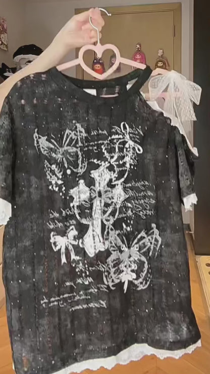 クロスレースオフショルTシャツ