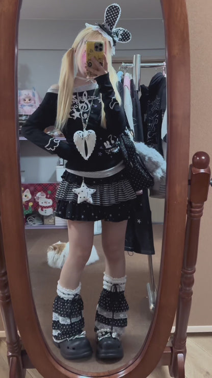 音符モチーフ フェイクレイヤード長袖Tシャツ
