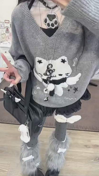 キャット刺繍Vネックレイヤード風ニット