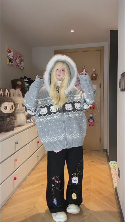 フェアアイル 猫モチーフ ニットフーディー