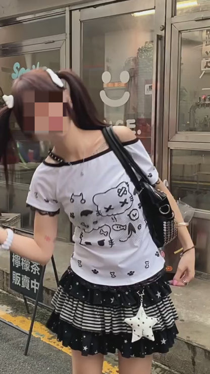 ねこプリントレースキャミレイヤード風T