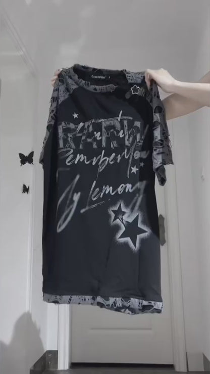 アンダーグラウンド 星柄 ダメージ＆ピースデザイン ゆるシルエットTシャツ