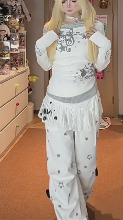 音符モチーフ フェイクレイヤード長袖Tシャツ