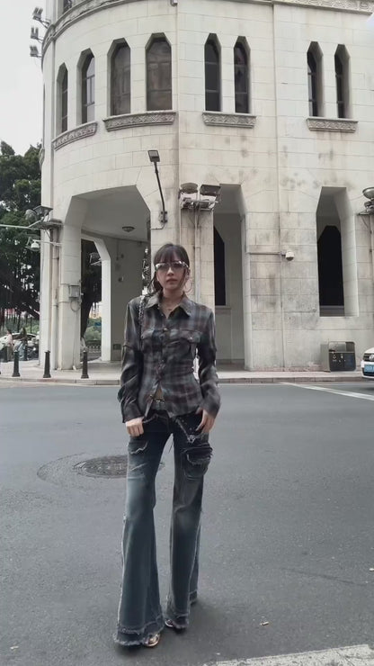 ギャル×チェック バックシャンレースアップシャツ